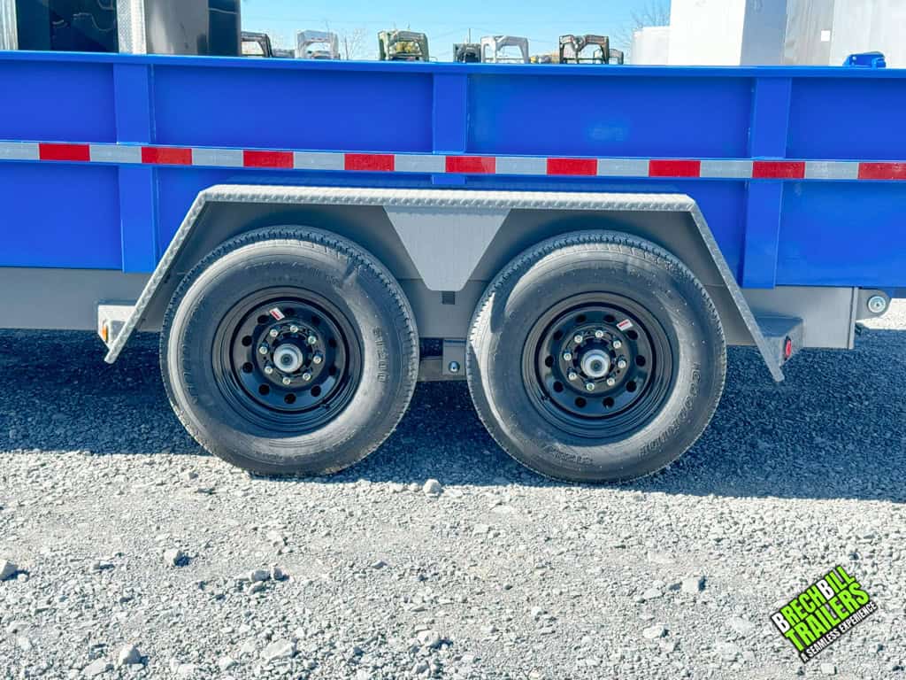 Dual axles and new wheels on a blue Bwise HD dump trailer