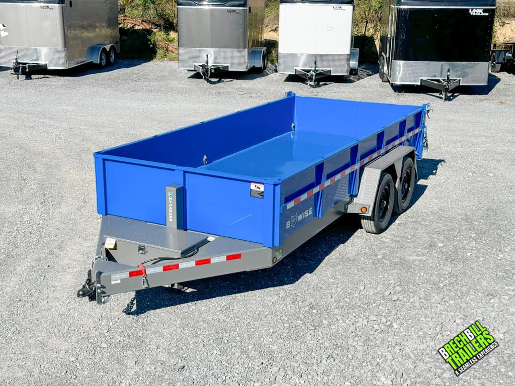 A parked blue Bwise DLP Heavy Duty Dump Trailer