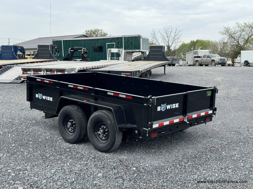 A new black Bwise LPHD 7x12 Heavy Duty Low Pro Dump Trailer