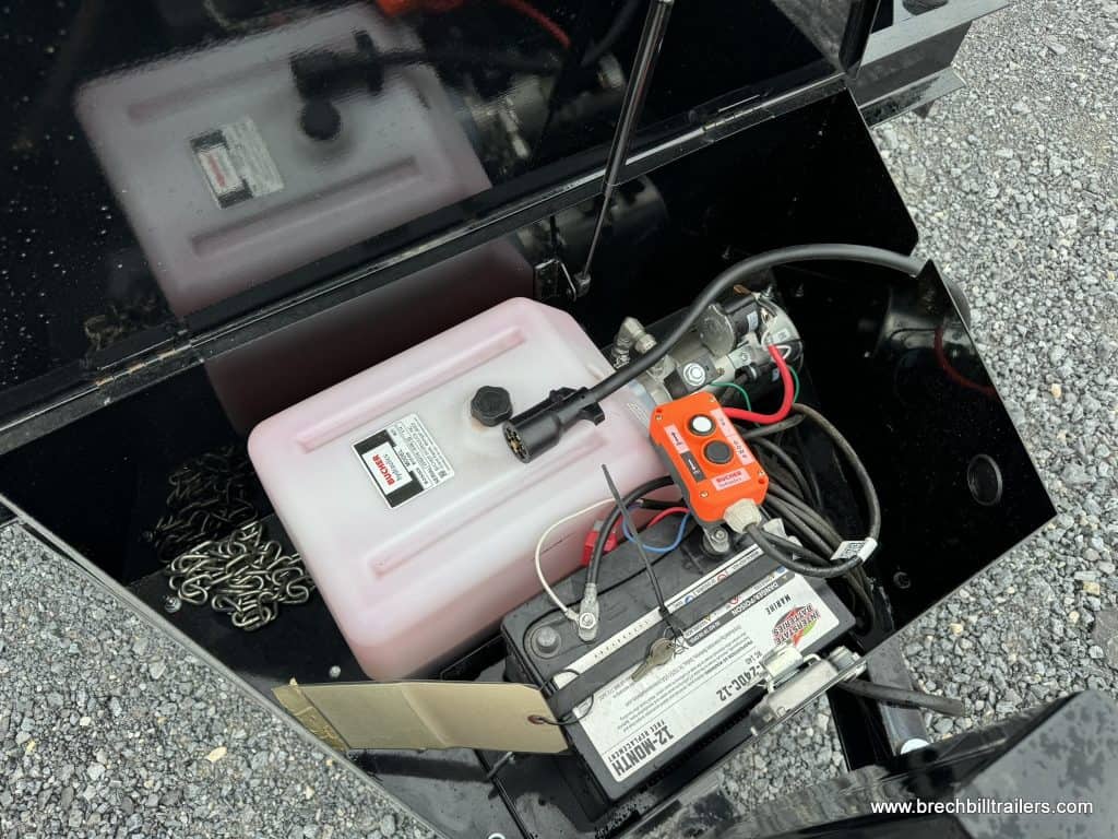 Battery box open for previewing the hydraulic and battery system.