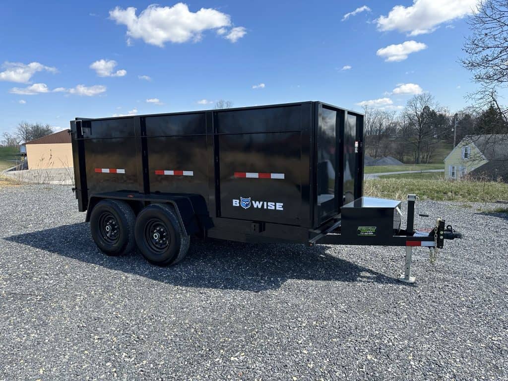 Side view of a new black Bwise Dump Trailer for sale