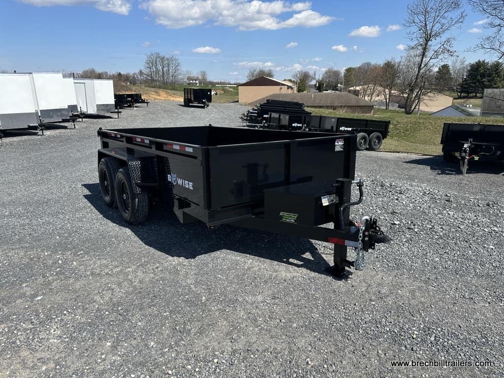 A black 7x12 Bwise LPHD Heavy Duty Low Pro Dump Trailer