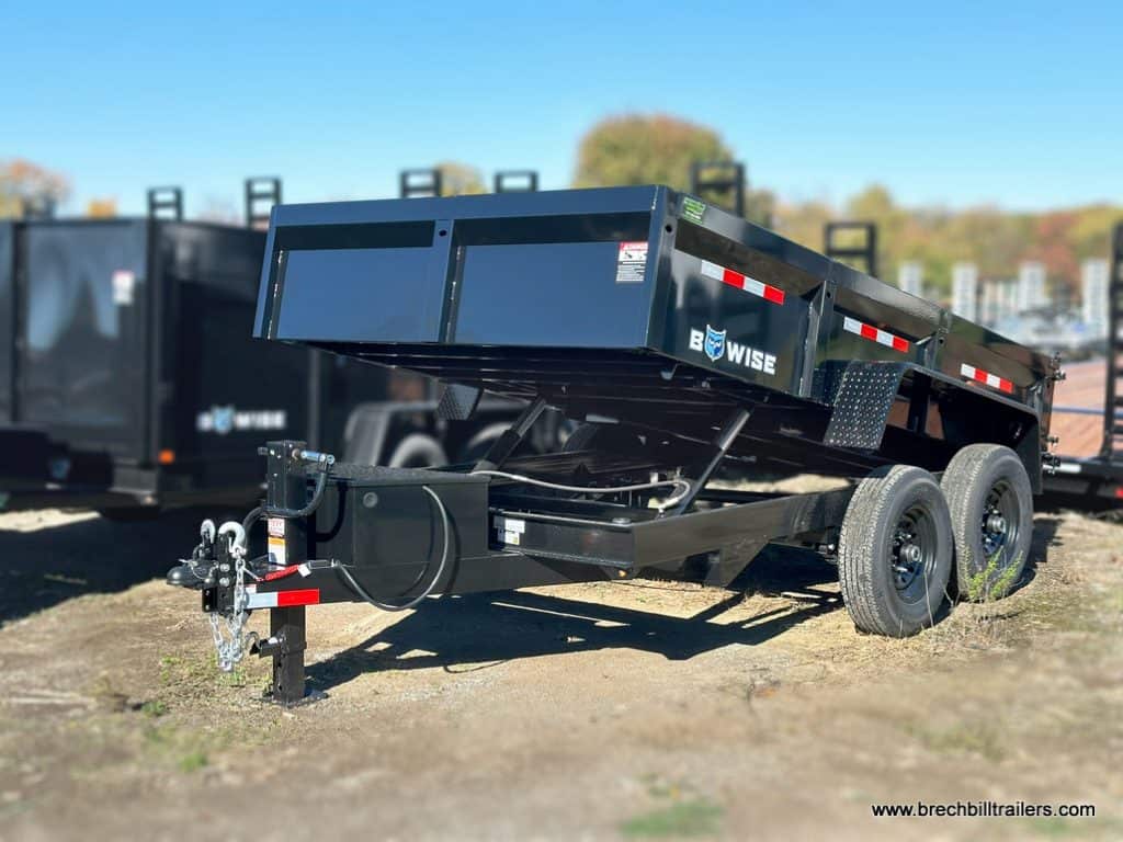 A Bwise 14K Low Pro Dump Trailer on display at the dealership