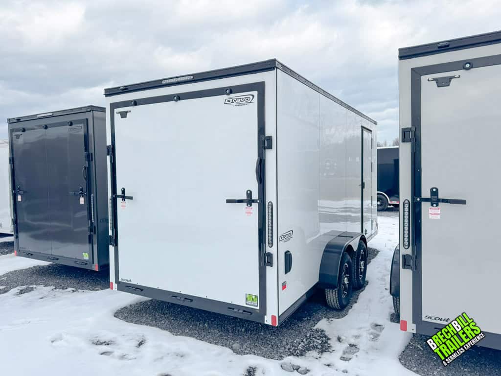 A white Bravo enclosed box trailer for sale
