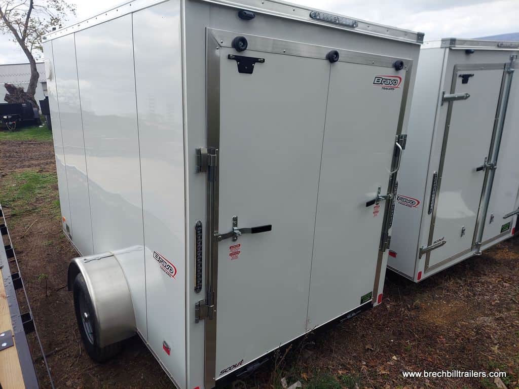 White Bravo Scout enclosed cargo trailer with back door closed