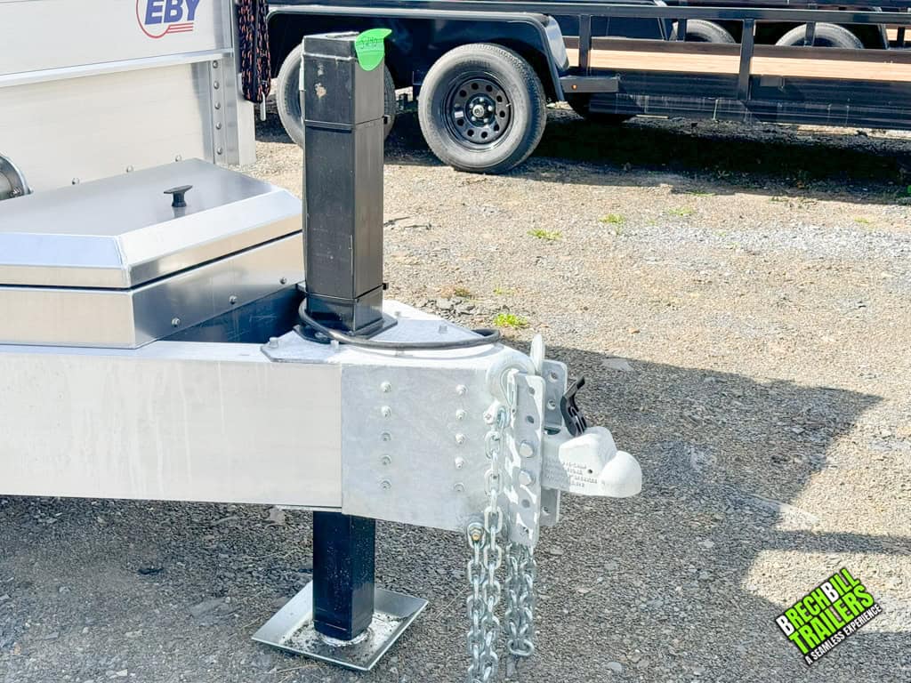 Trailer coupler and jack on EBY 14K Aluminum Bumper Pull Dump Trailer.