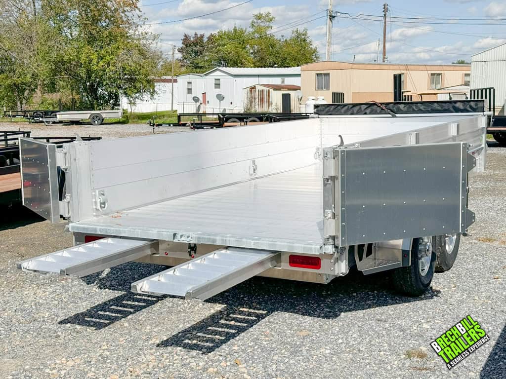 Back view of the EBY 14K Aluminum Bumper Pull Dump Trailer with doors open and ramps out.