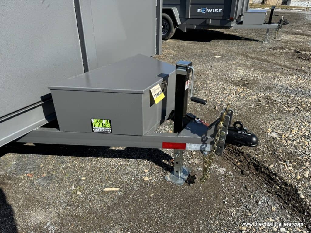 The toolbox on front of the Bwise dump trailer.