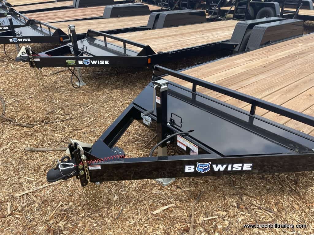 Trailer coupler and jack closeup on a parked Bwise equipment trailer