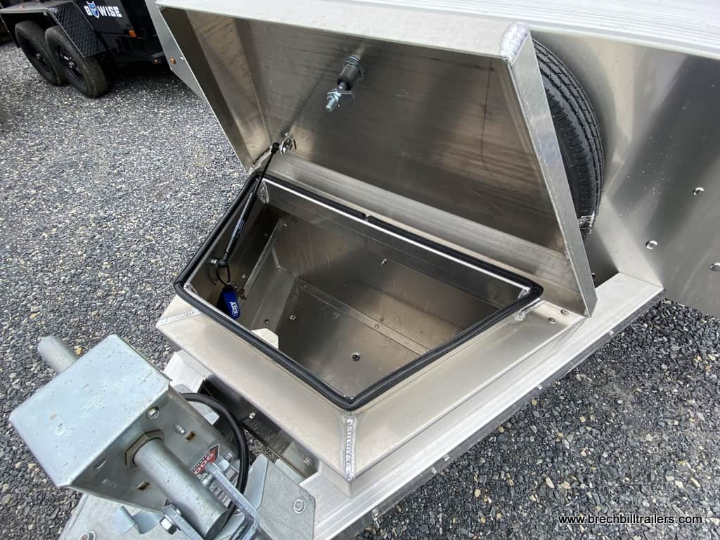 Toolbox open on the EBY Deck-Over Equipment Trailer