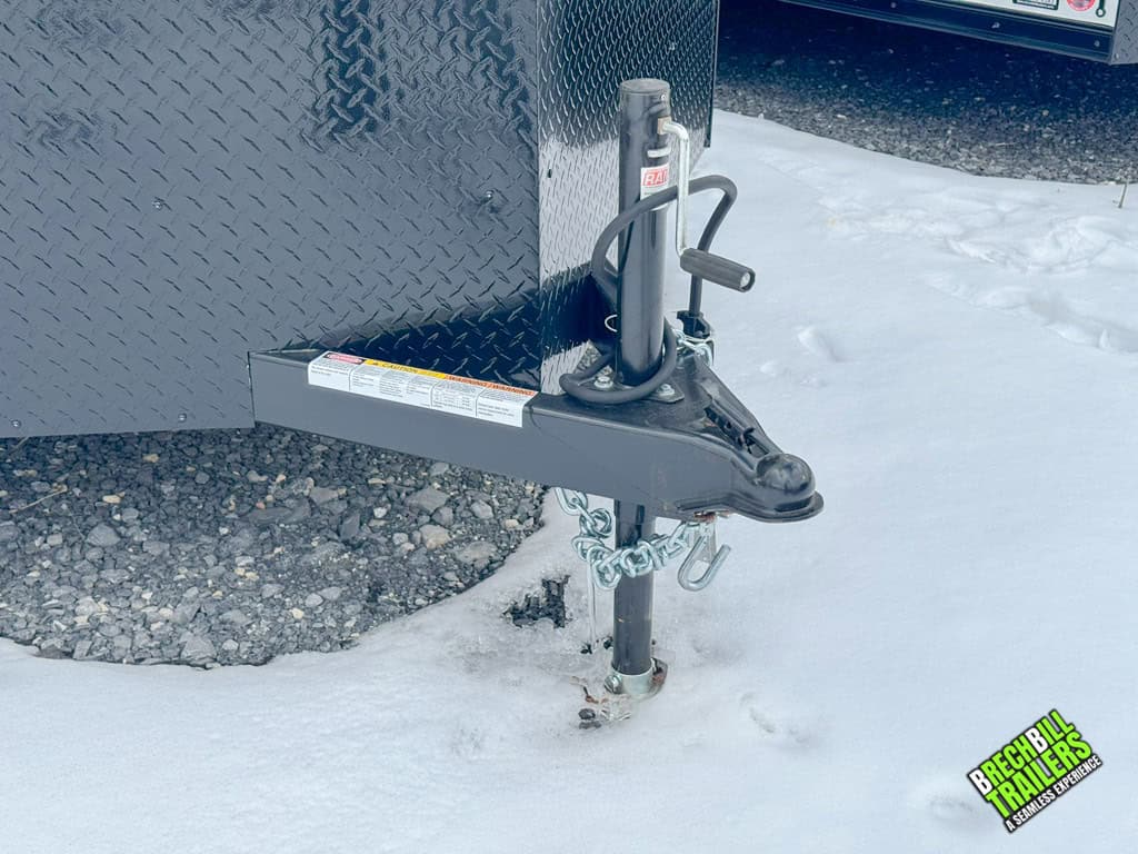 Trailer coupler, jack and connection shown while the trailer is parked