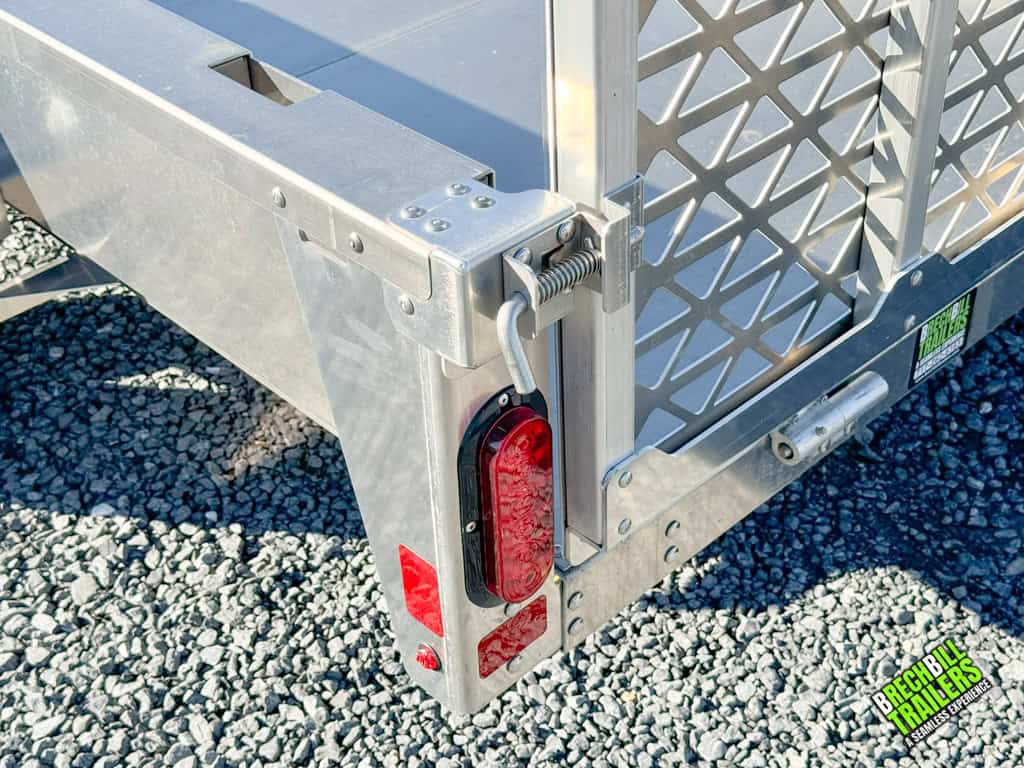 View of the ramp gate lock on the Belmont AIR Aluminum Utility Trailer