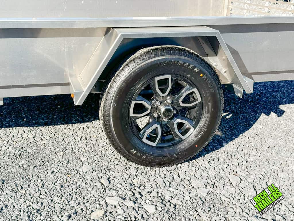 Wheels on the 6x10 Belmont AIR Aluminum Utility Trailer