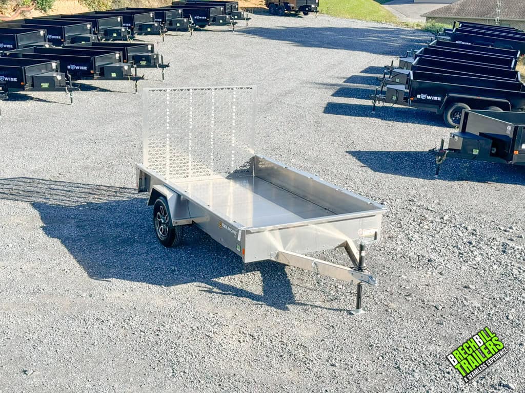 6x10ft Belmont AIR Aluminum Utility Trailer on display with the ramp door closed.