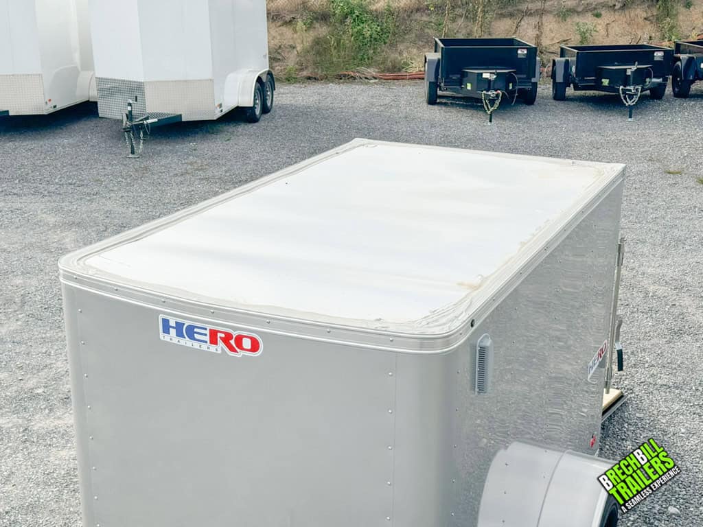 The roof on a new 5x8 Bravo Hero Enclosed Cargo Trailer.