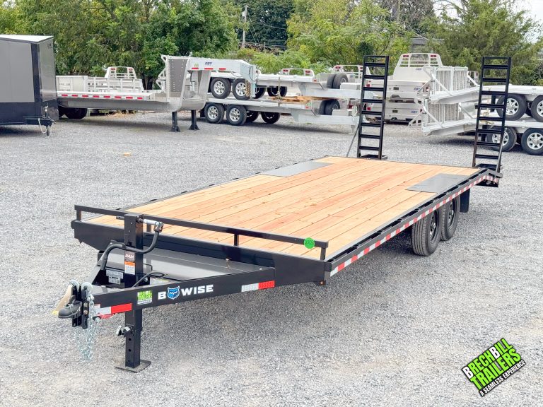 Bwise 14K deck over equipment trailer 8.5x24 with 6 frame treated decking ladder ramps stake pockets 7K axles radial tires LED lights and 12K jack. 1127