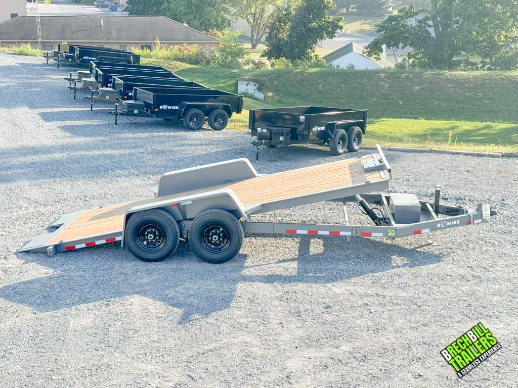 An HT18-14 Bwise trailer with a gray frame and wood deck.
