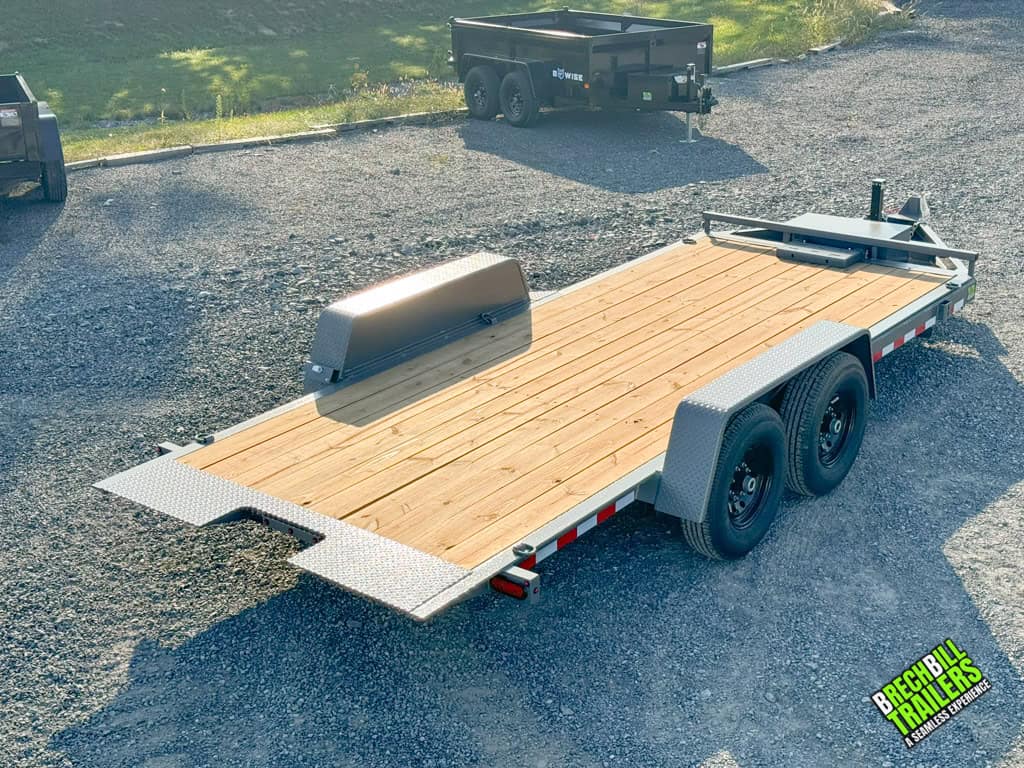 Bwise Hydraulic Tilt Trailer for sale in gray with black wheels.