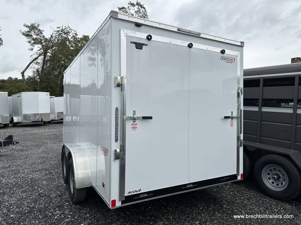 A brand new white 7x14 Bravo Scout Enclosed Cargo Trailer