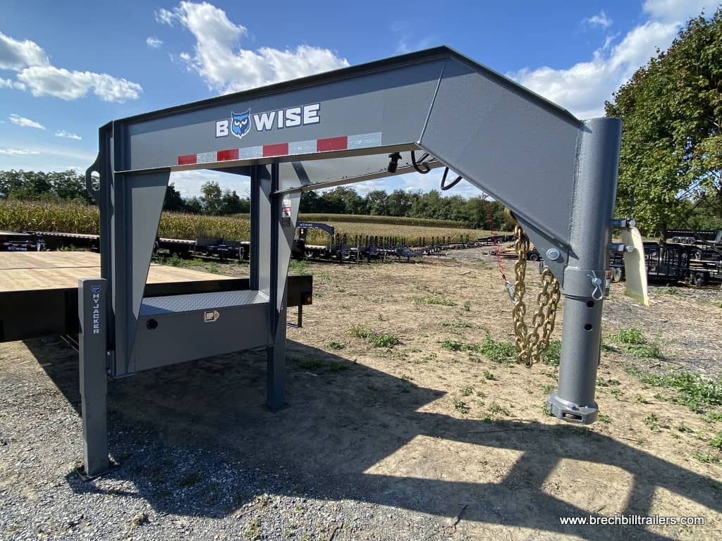The gooseneck area on the trailer with a toolbox