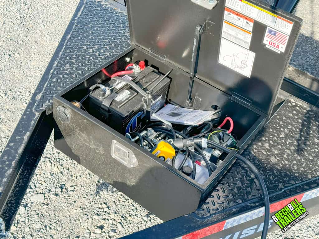 Battery box location on the Bwise THD22-15 tilt deck trailer.