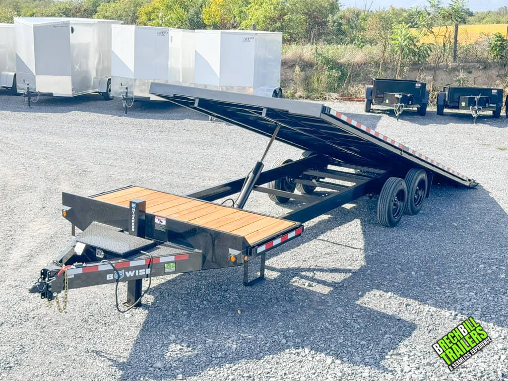 A fully tilted Bwise 17.6K Hydraulic Tilt Deck Trailer on display to show easy loading and unloading capabilities.