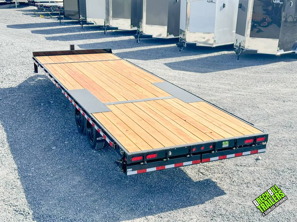 Rear view of the Bwise 17.6K Hydraulic Tilt Deck Trailer with brake lights and reflective tape.