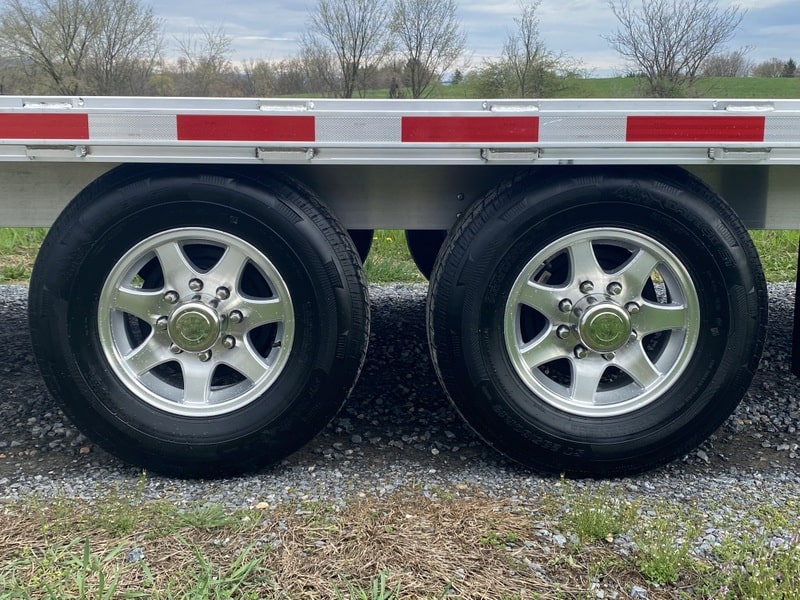 Closeup view of the trailer wheels.