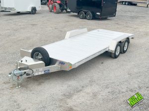 Aluminum car hauler with spare wheel mounted on the front
