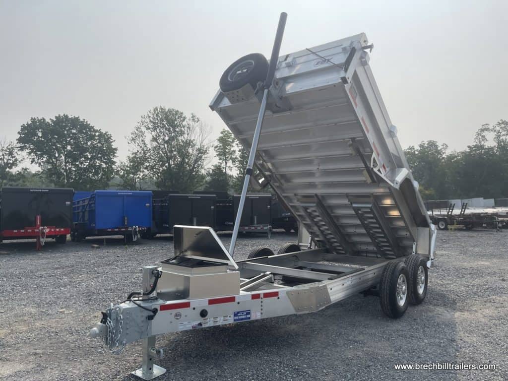 EBY All Aluminum Bumper Pull Dump Trailer in the dump position.