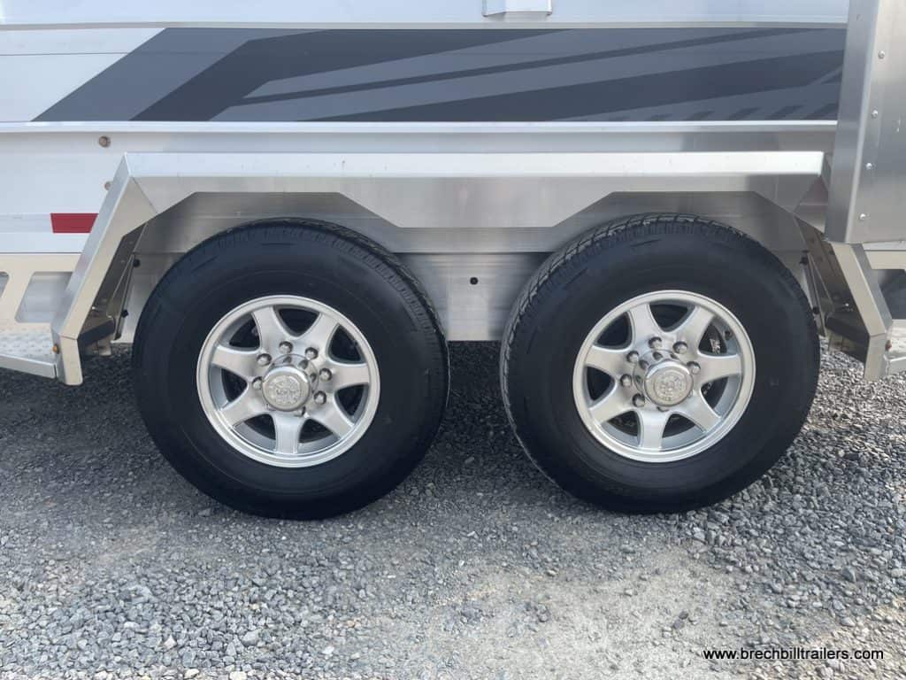 Wheels on the EBY All Aluminum Bumper Pull Dump Trailer