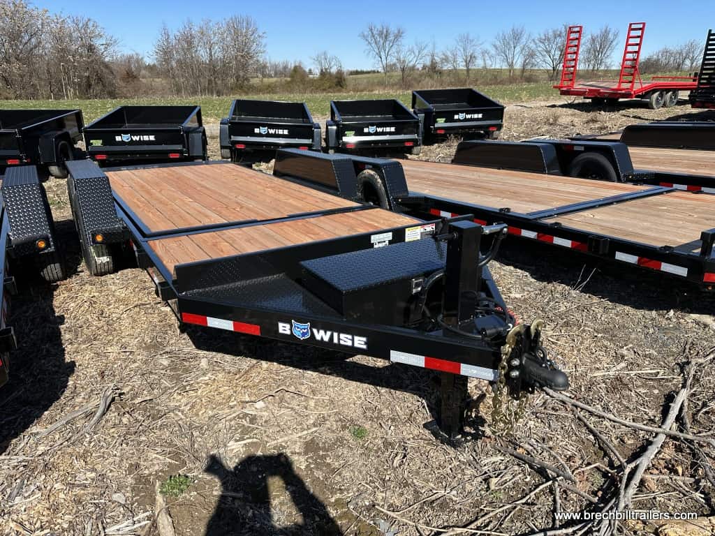 A parked Bwise Low pro HD gravity tilt deck trailer for sale at Brechbill