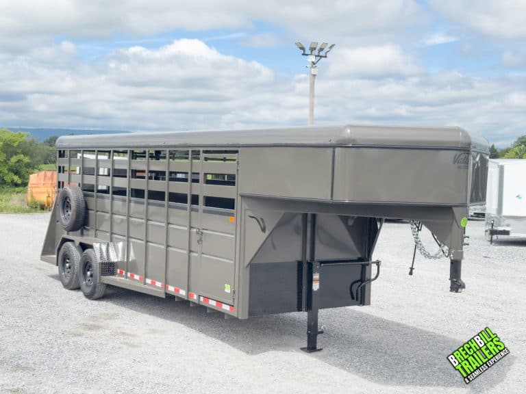 Charcoal Valley 6x20 stock trailer with 14K capacity 7inch tall sides swing slide door center gate 7K axles spare tire and black trim 0751