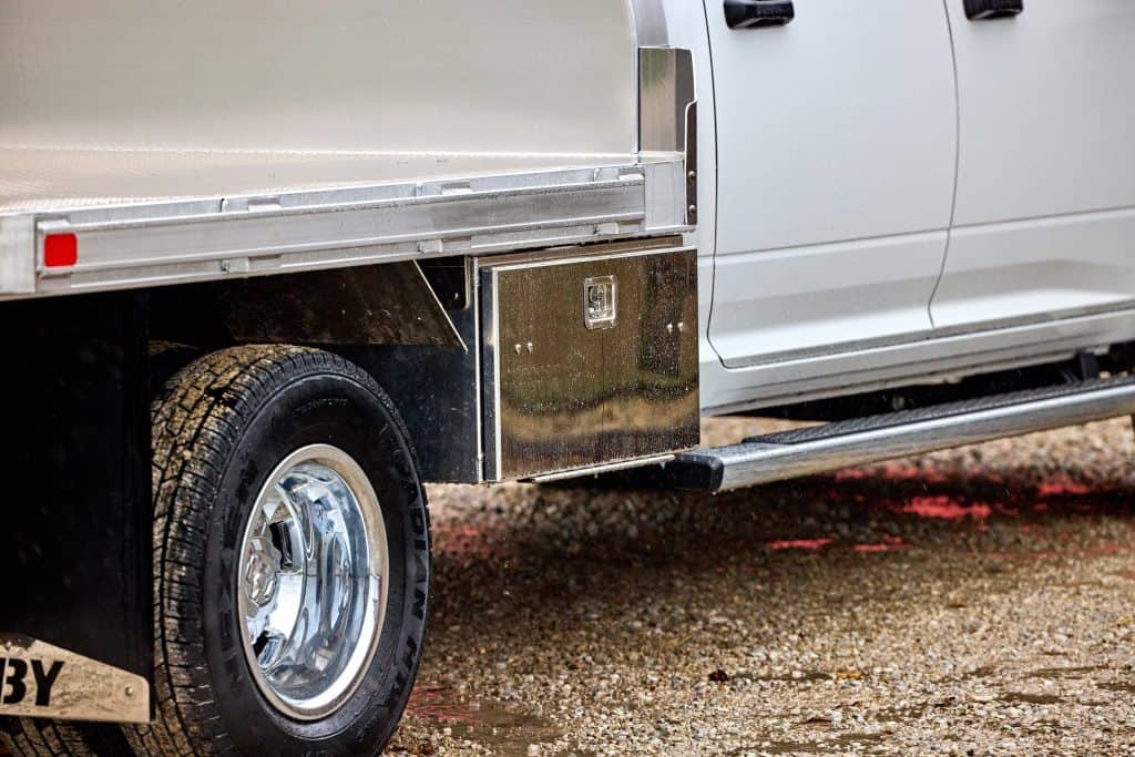 EBY aluminum flatbed truck body tool box with stainless lid professionally installed in Pennsylvania