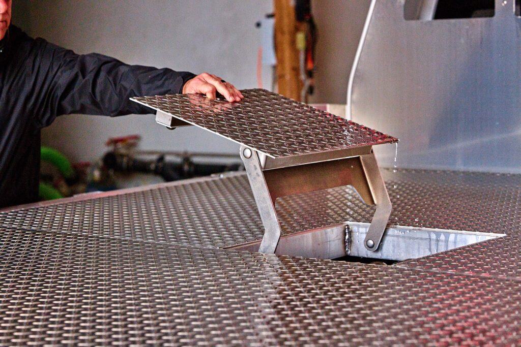 EBY aluminum flatbed truck body gooseneck hatch opening professionally installed in Pennsylvania