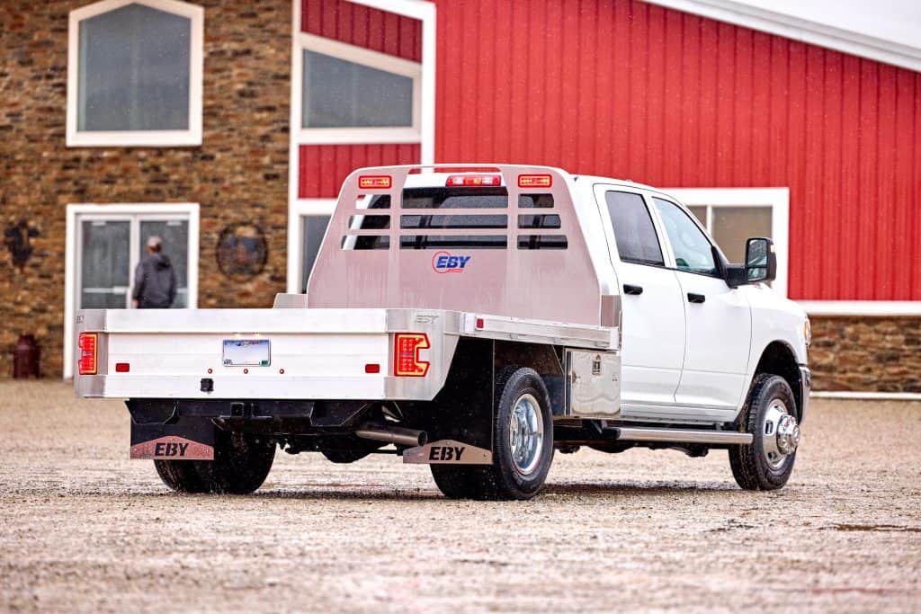 Work truck with EBY aluminum flatbed body ready for commercial use