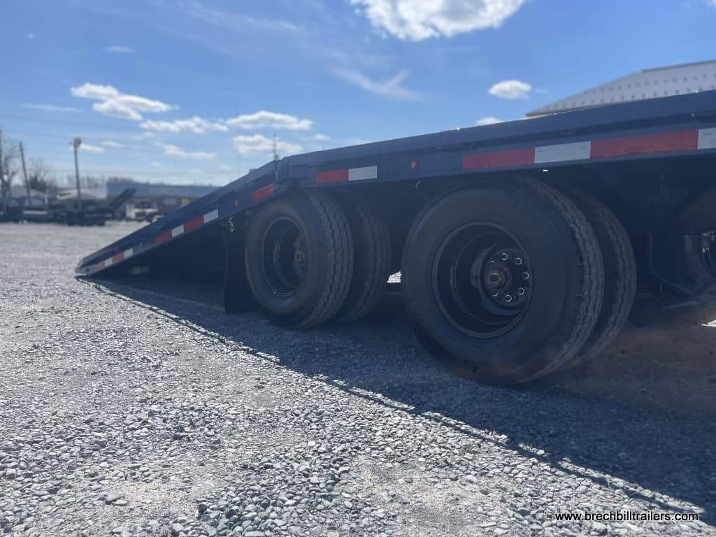 Back of Belmont 26K Hydraulic Dovetail Gooseneck Trailer with ramps down.