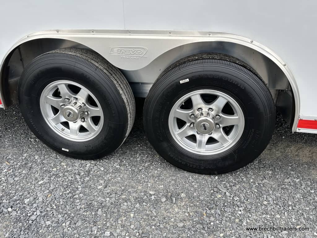 The aluminum wheels on a Bravo Star trailer.