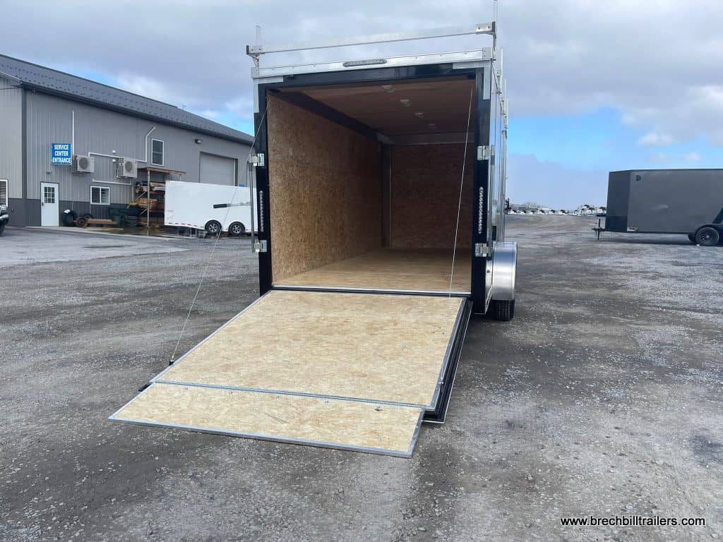 Black Bravo Scout 10K Enclosed Cargo Trailer with the ramp door down