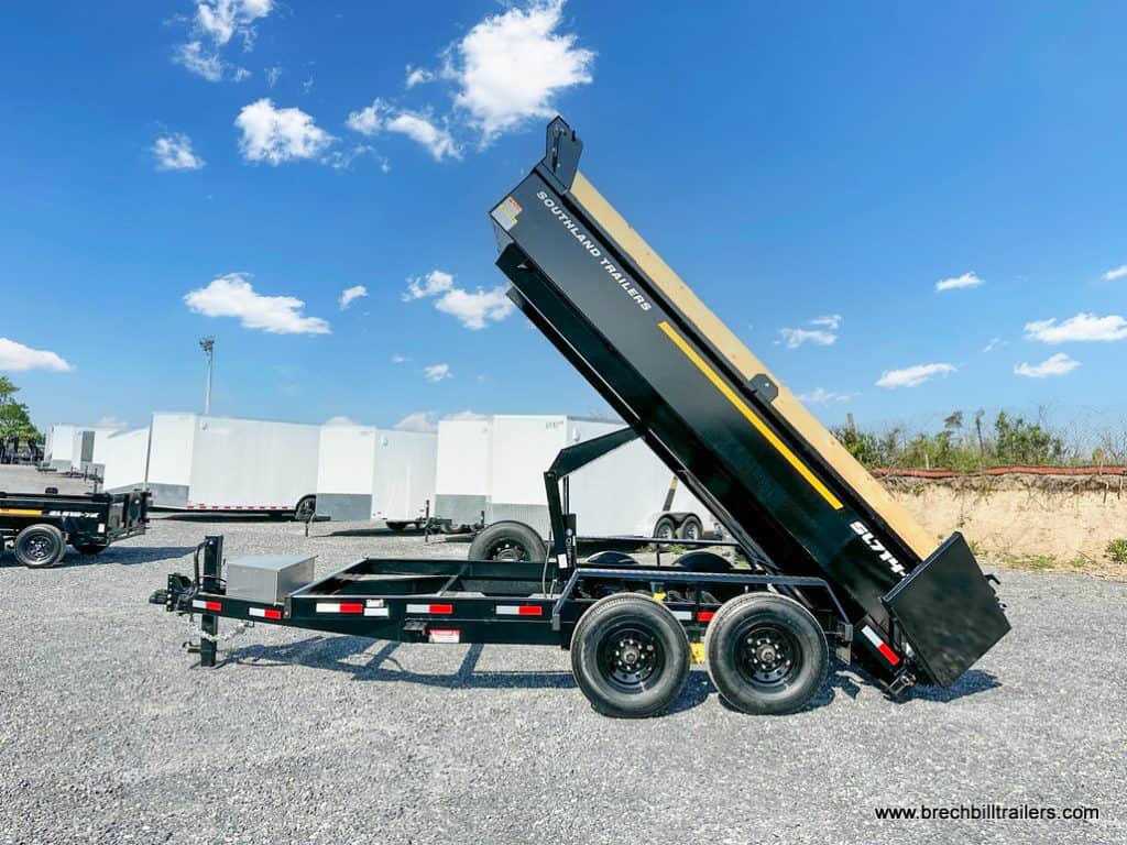 Side view of a brand new Southland 16K Tandem Axle Dump Trailer for sale.