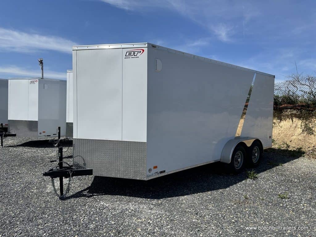 A new white 7x16 Bravo Scout 7K Enclosed Cargo Trailer