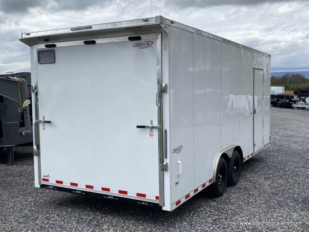 A brand new white Bravo Star 10K Enclosed Cargo Trailer for sale.