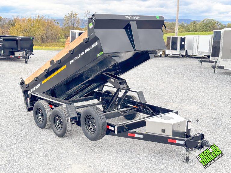 Southland 6x12 dump trailer with 10K GVWR dual hoist LED lights tarp ramps 5200 lb axles slam latch tailgate tool box and enclosed wiring. 2213