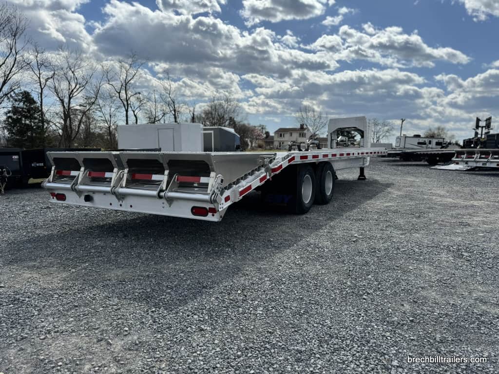 Looking down the EBY 25K Deck-Over Gooseneck Equipment Trailer