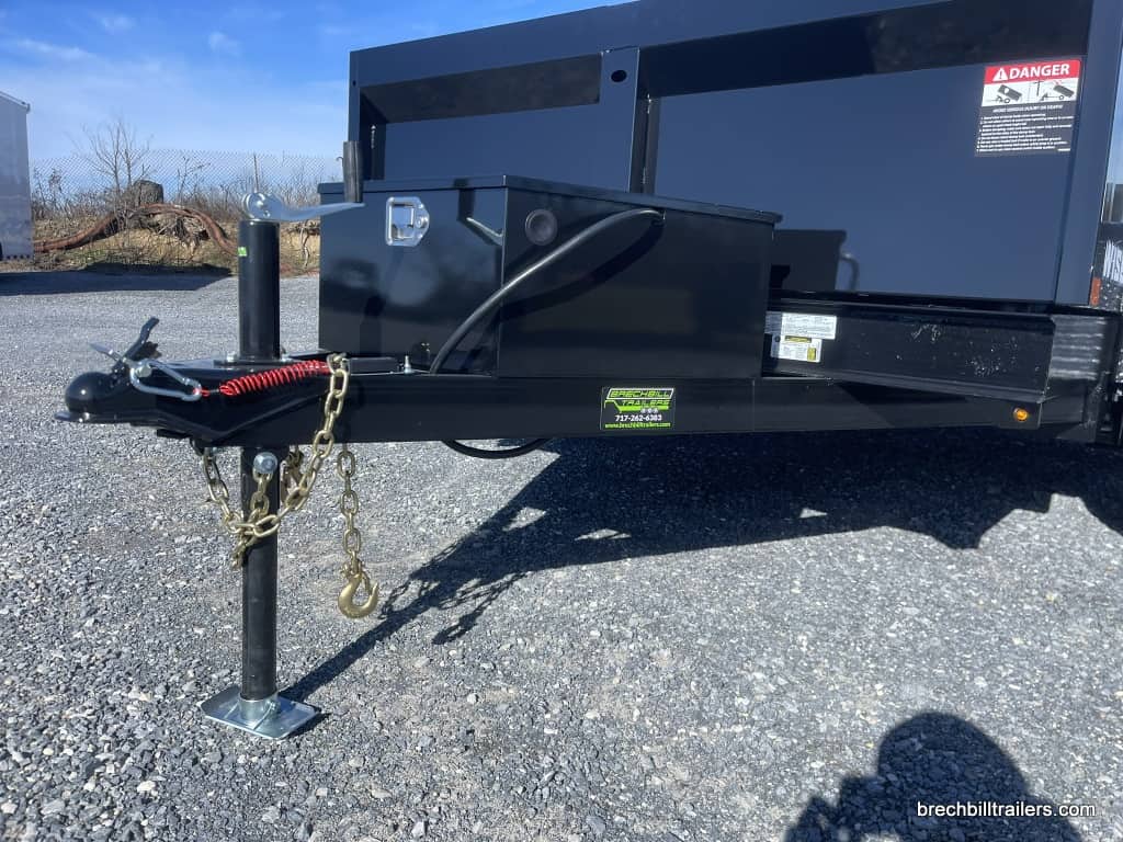 Front coupler, jack and battery box on the Bwise LP LE 10K Low Pro Dump Trailer
