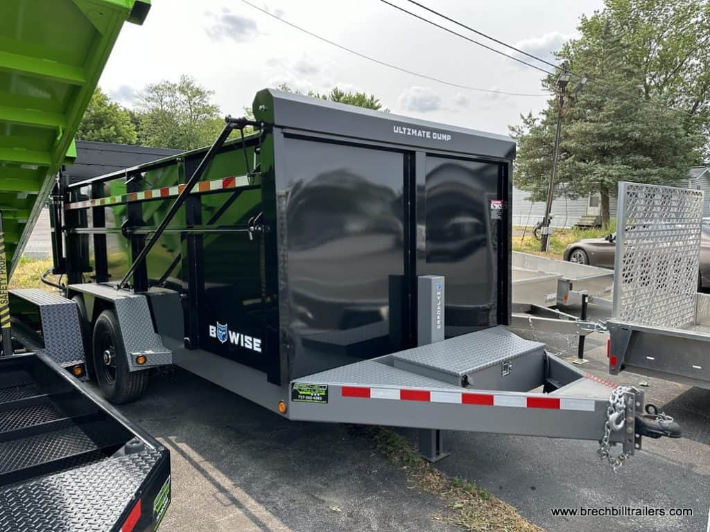 A brand new black Bwise dump trailer for sale.