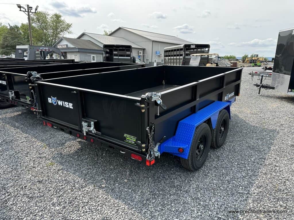 A black Bwise 10K DLP Low Pro Dump Trailer with blue frame.