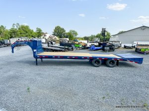 A brand new 30ft Belmont 26K Heavy Duty Gooseneck Trailer with blue frame.