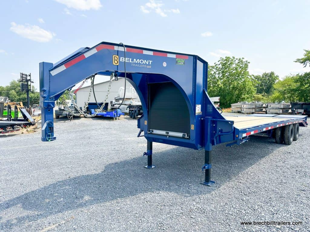 A blue 30ft Belmont 26K Heavy Duty Gooseneck Trailer