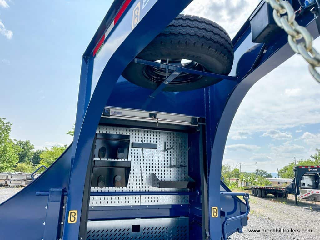 Belmont 26K Heavy Duty Gooseneck Trailer's spare tire mounted on the gooseneck.